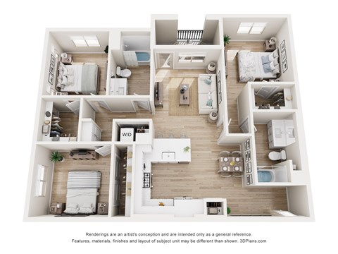 A 3D floor plan of a house with multiple bedrooms and a living area.